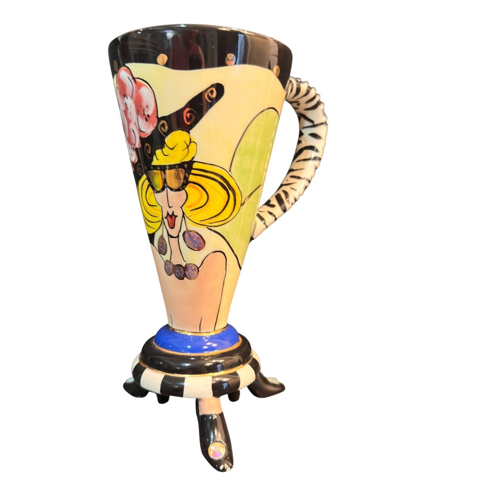 Whimsical Hand Painted Footed Art Mug Glam Lady Zebra Handle Pedestal 2002